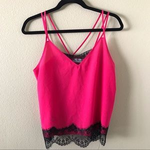 Bisou Bisou Hot Pink Lace Criss Cross V Neck Cami